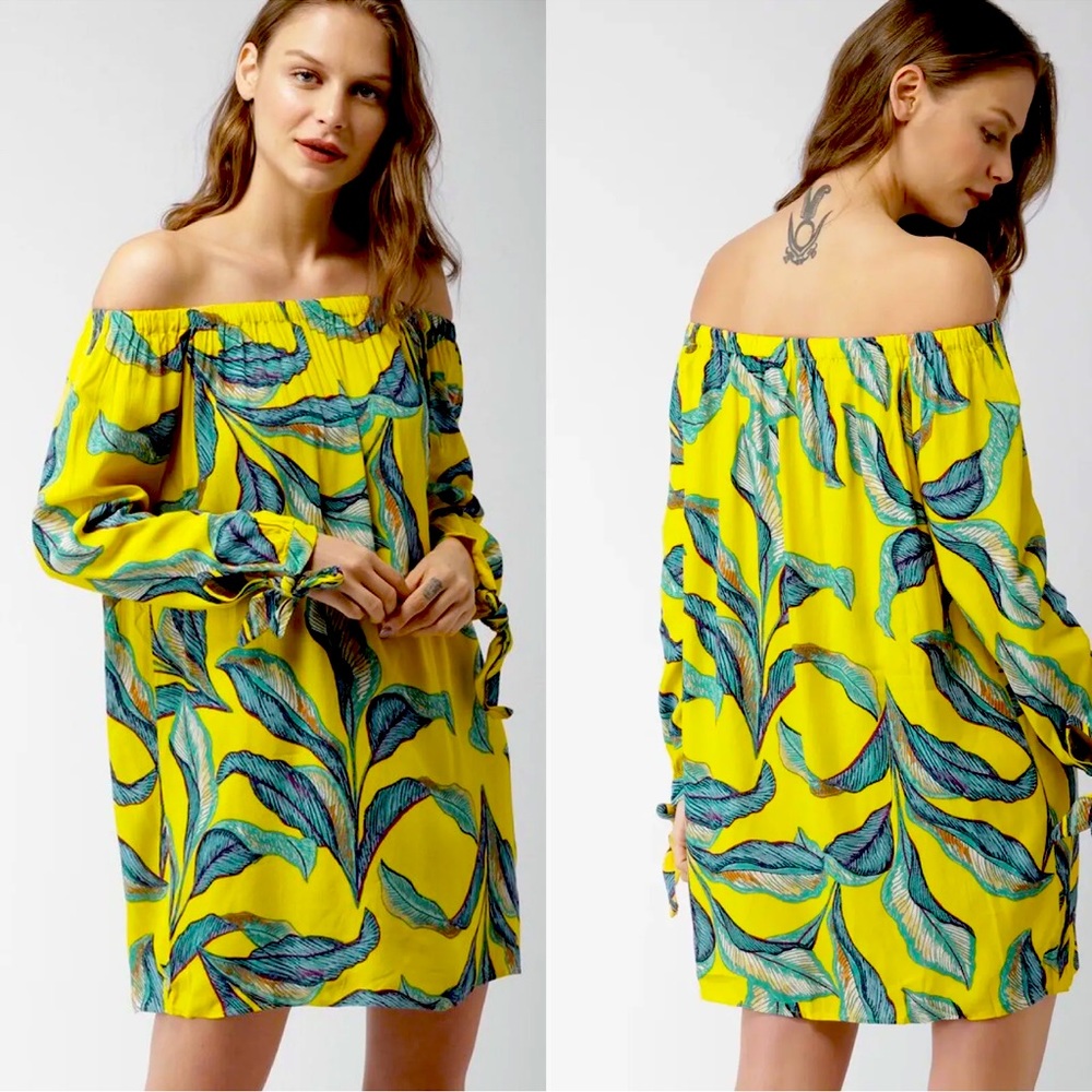 EUC Forever 21 Off Shoulder A-Line Bardot Dress |Yellow Blue | Women’s Medium